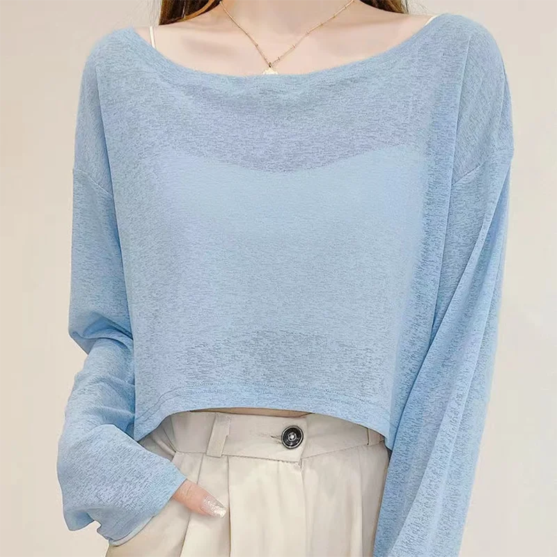 Long Sleeve Thin Crop Top Y2K Summer Knitted Ice Silk Sun Sunscreen T Shirt Korean Fashion Loose Mesh White Tops Tees