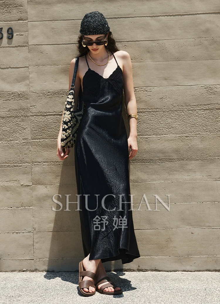 

Midsummer Black Pearl, Retro Old Money Soft Satin Scratch Pattern American NAIA Acetic Acid, Handmade Neck Dresses Women