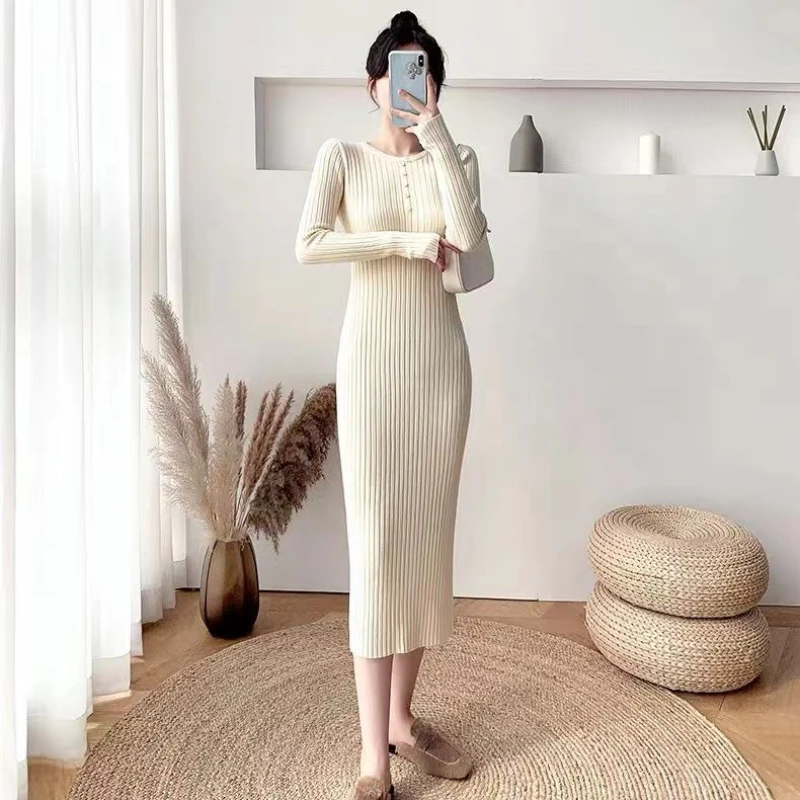 Solid Knitted U Neck Woman Dress Long Robe Crochet Dresses For Women Clothes Maxi Off White Evening On Sales With Chic Elegant