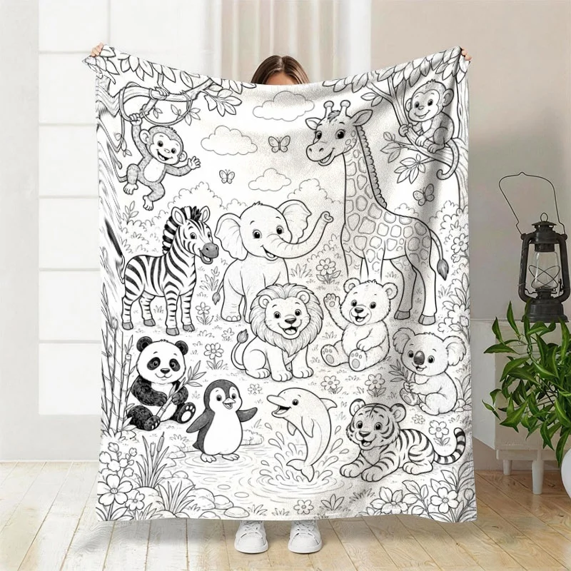 Cute Safari Animals Throw Blanket for Nursery Decor Kids Baby Lion Giraffe Elephant Jungle Cartoon Print Polyester Home Accent