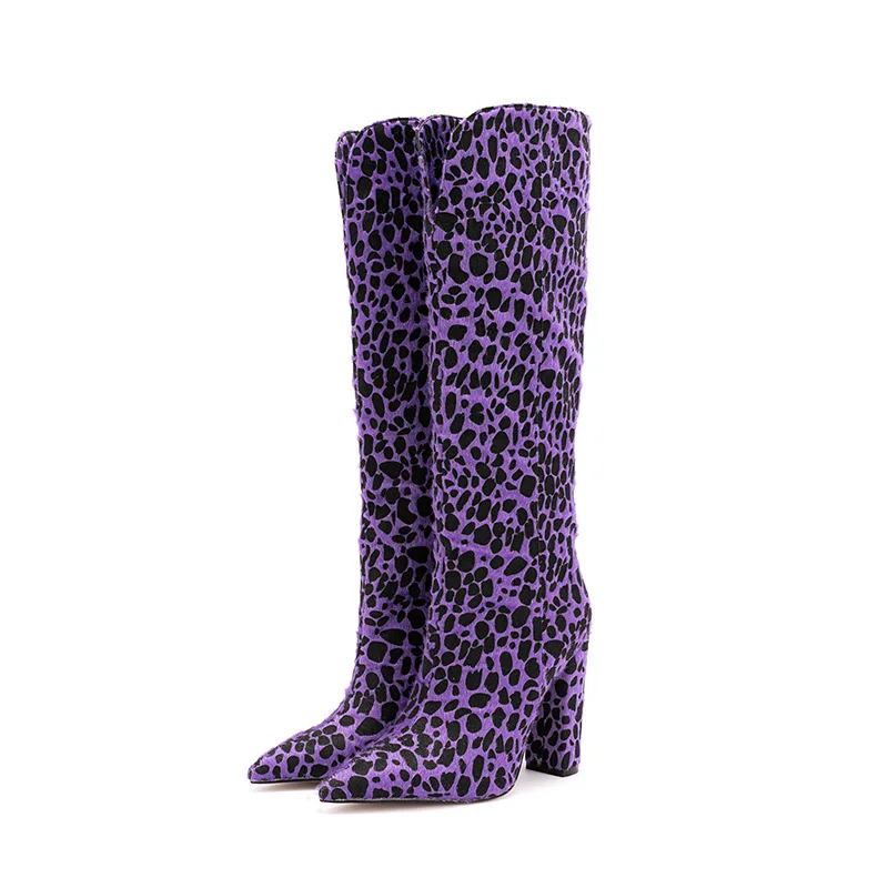 

Fashion Purple Leopard Chunky High Heels Knee Boots Pointed Toe Horsehair Slip On knight Boots Women Runway High Botas