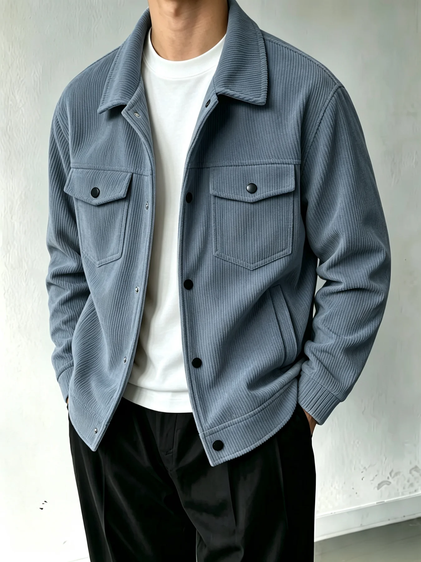 Men Corduroy Lapel Jacket Button Down Casual Trucker Coat With Flap Pockets Autumn Winter Long Sleeve Outerwear