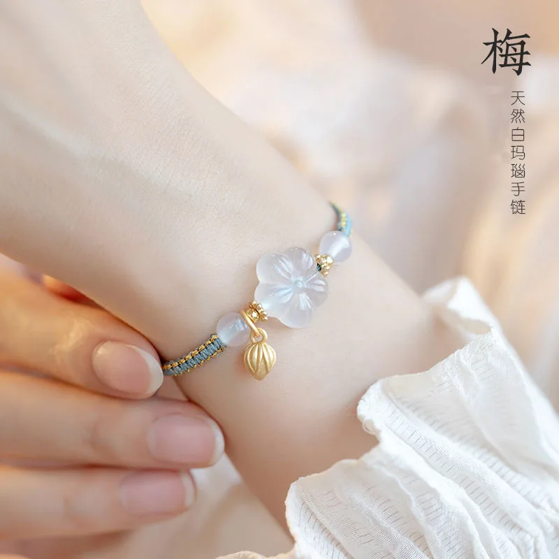 

Design Sense White Agate Plum Blossom Niche Bracelet Female Chinese Style Adjustable Woven Hand Strap Gift Chalcedony Retro Styl