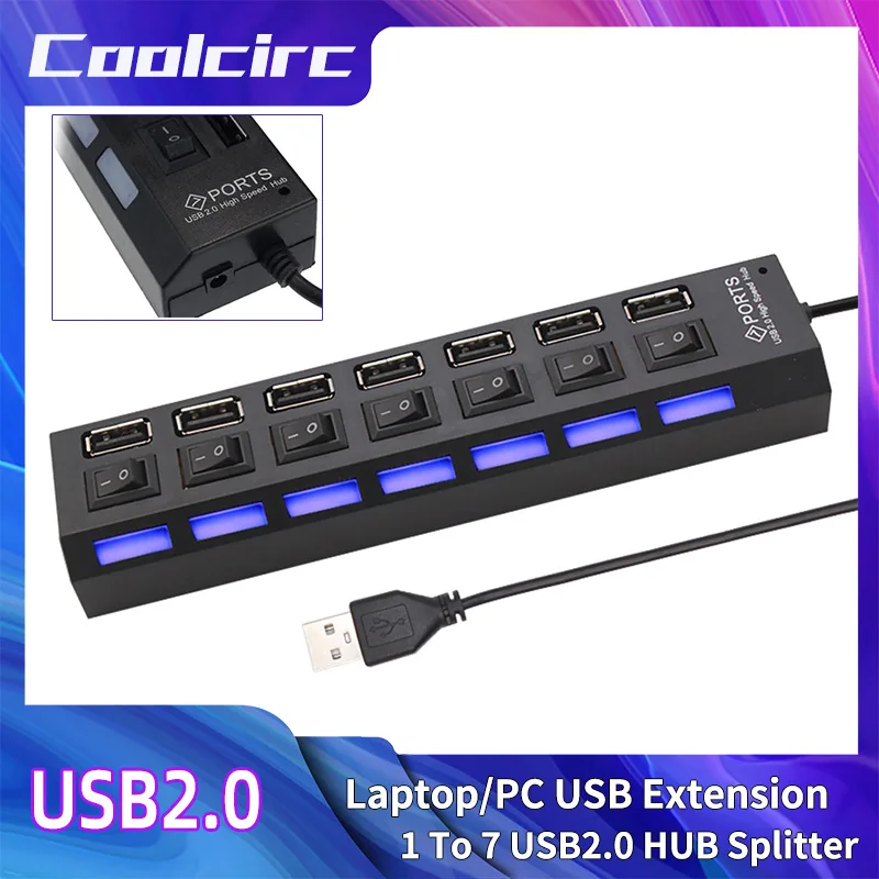

Высокоскоростный 7-портовый USB 2.0 Hub Coolcirc с светодиодом и адаптером питания Multi Splitter Expander для компьютерных аксессуаров для ПК/ноутбука
