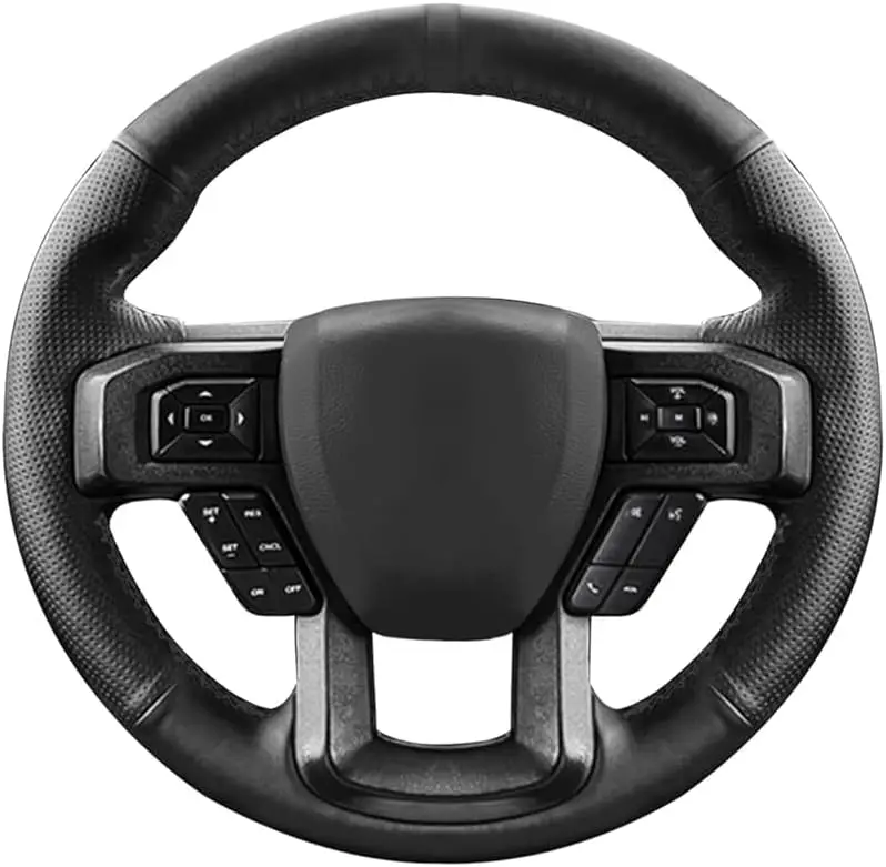 

Leather Steering Wheel Cover Lace-Up Hand-Stitched Wrap Compatible with Ford F-150 F250 Models 2015-2020 in Black