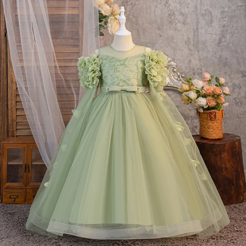 매혹적인 화이트 소녀용 정장 드레스, 스쿱 넥과 긴 튤 소매, 플라워 걸 드레스, 바닥까지 닿는 트레인 소녀 드레스