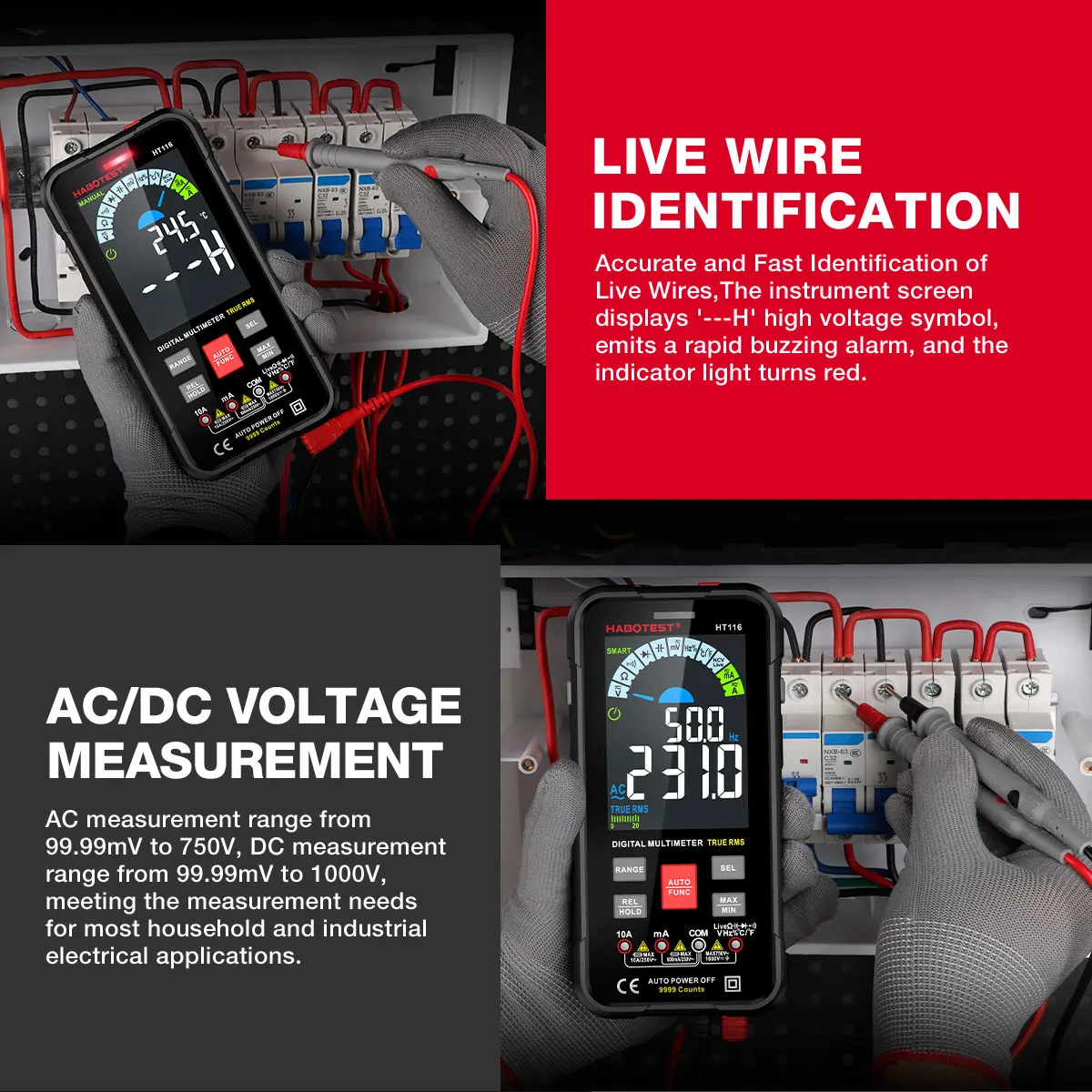 HABOTEST HT116 Multimetr Tester 9999 zliczeń Multimetr cyfrowy z kondensatorem napięcia prądu DC/AC NCV Hz Tester multimetro