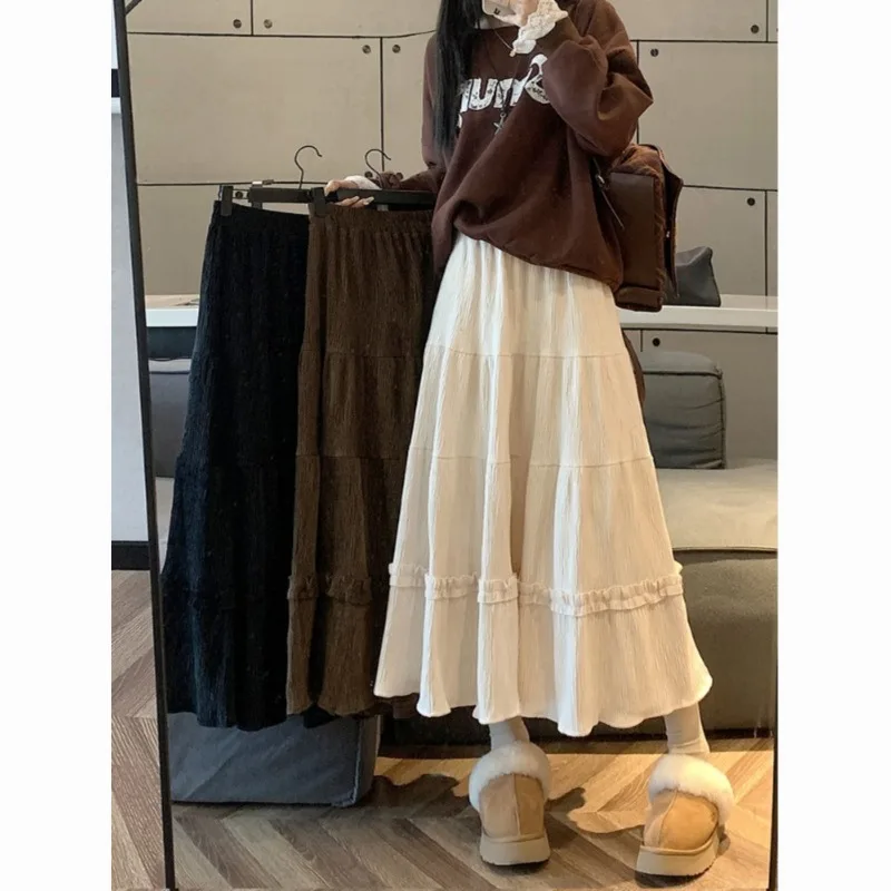 

Autumn Winter New Corduroy Half-body Skirts Women High-waisted A-line Loose Aesthetic Long Skirts Sweet Cute Pleated Cake Skirt