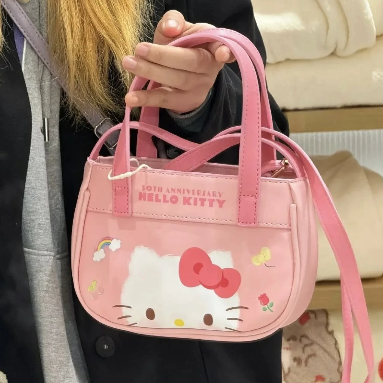 Sweet Hellos Kittys Cute New Girl\'s Handheld Crossbody Bag Women\'s Heart Mini Handbag Zipper Phone Bag Shopping Decoration