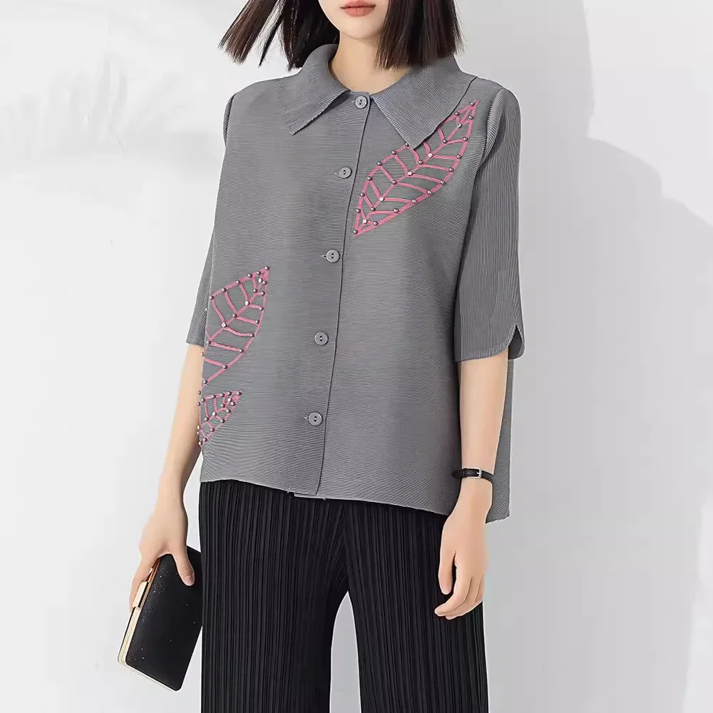 

Miyake Pleated 2024 Spring and Autumn New Large Size Loose Short Top Coat Square Collar Buttoned Outer Shirt for Women