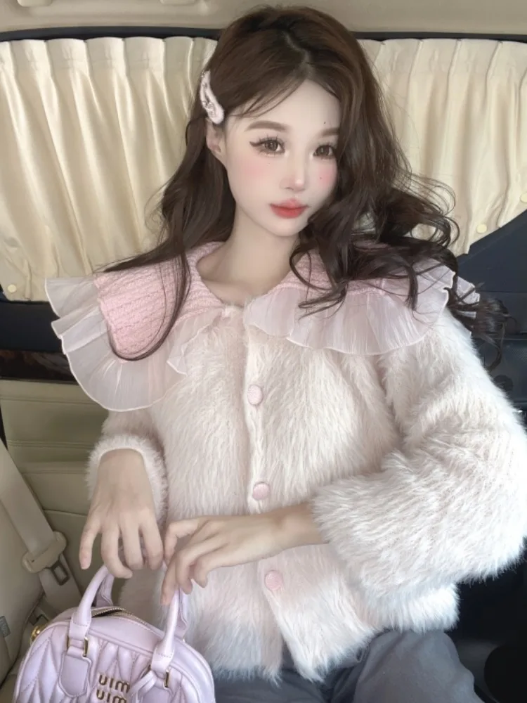 

Pink Fluffy Doll Collar Open Cardigan Women's Autumn Winter New Design Single Button Lazy Sweater Korean Style Long Sleeve Lo...