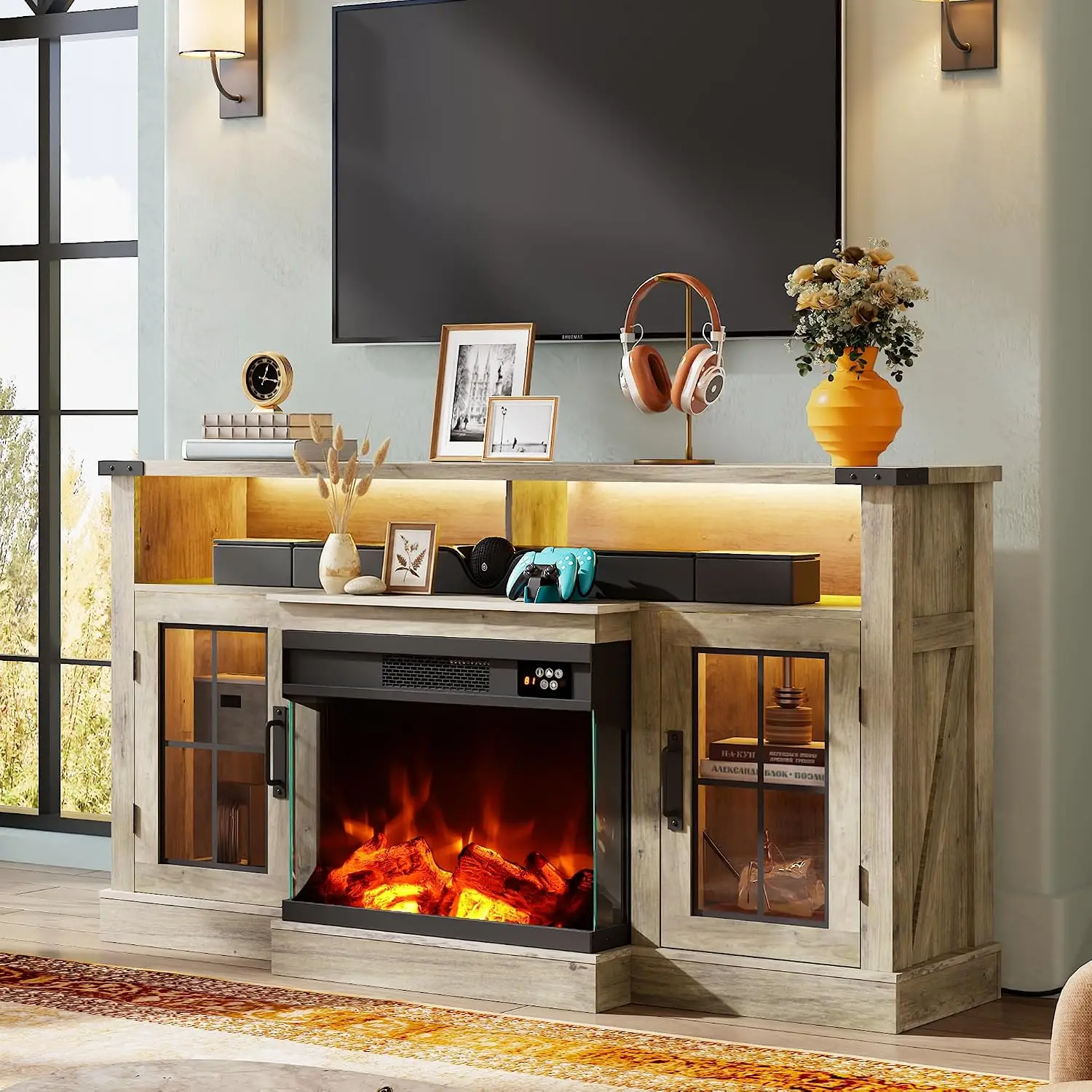 3-Sided Glass Electric Fireplace TV Stand For 65