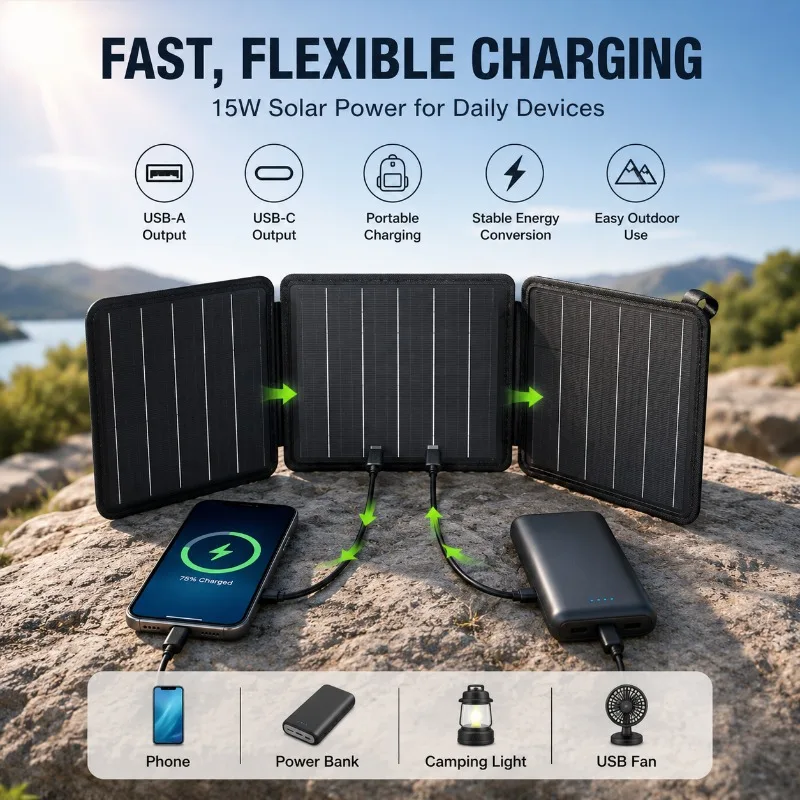 15W Monocrystalline Solar Charger Foldable 5V Dual USB-A Type-C Output Portable Solar Power Bank for Charging Outdoor Emergency