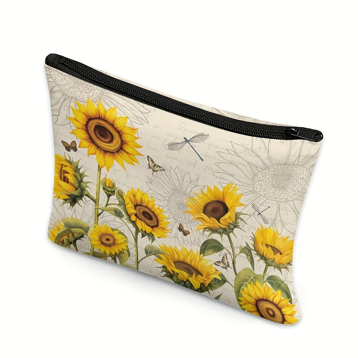 Borsa per il trucco in tessuto di lino con stampa girasole borsa per cosmetici da viaggio con pochette con cerniera per borsa da donna