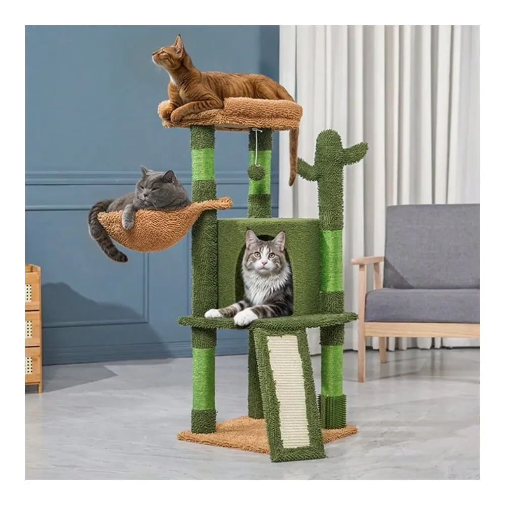 

Tower Cactus, 42 Inches Cat Tree With Sisal ching Ramp, Cozy Hammock And Bed Perch And Condo For Kittens, Green