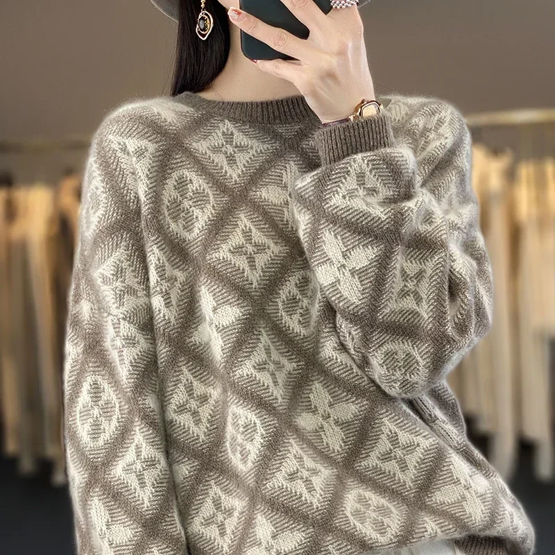 Women's 100% Cashmere Wool Sweater O-Neck Knitted Pullover Soft Comfortable Loose Top for Female Korean Fashion Autumn Winter Ne