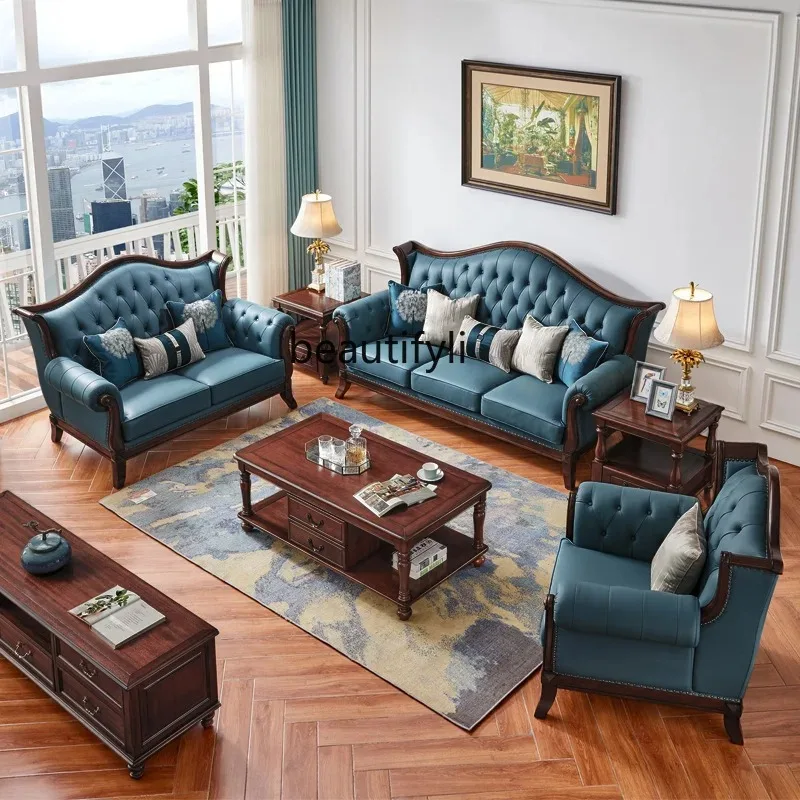 Mahogany core wood American leather sofa living room solid wood sofa combination first layer cowhide H