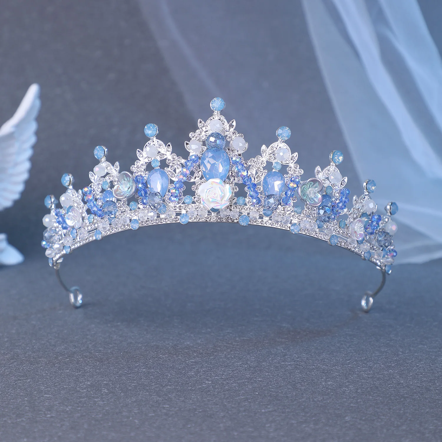 Handmade Blue Protein Crystal Rhinestone Tiaras Crowns Flower Beads Princess Queen Diadem Wedding Hair Accessories