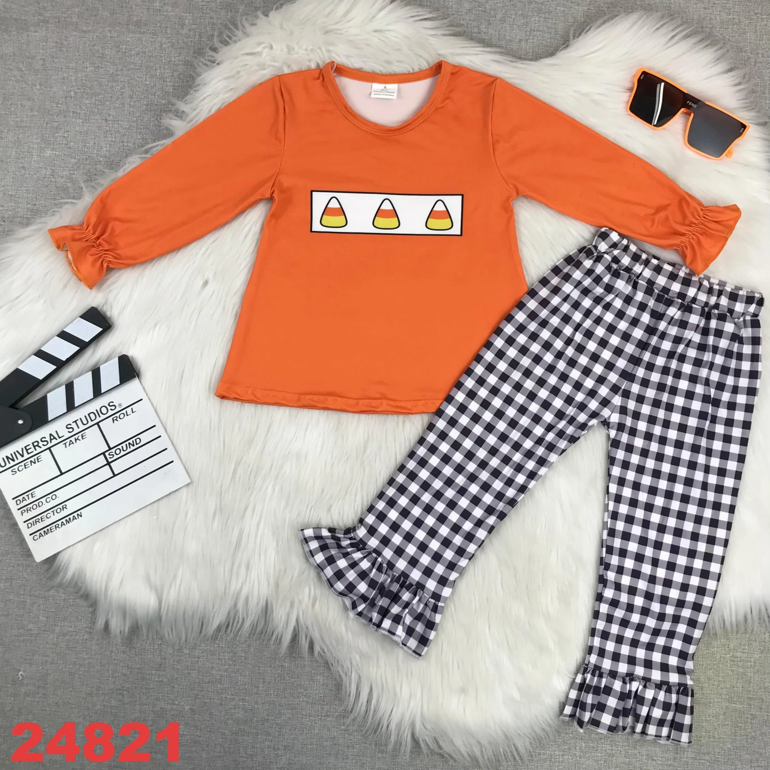 

Autumn girls baby clothes 2 pieces set Children's Clothes Western Spliced ​​Blue Short Sleeve Pants Set