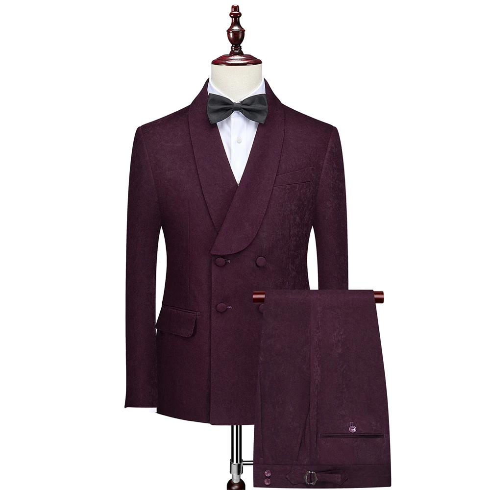 Autumn Thick Men's Suit Set Double Breasted Blazer Tuxedo Pants Set Purple Solid Fine Fabric Plus Size Men's For Outfit