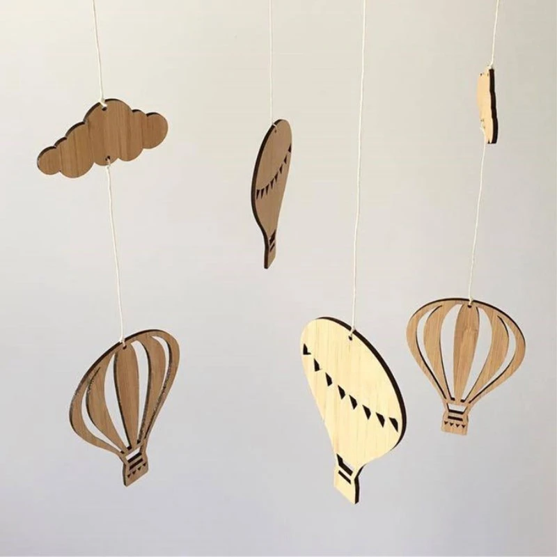 SEWS-Wooden Hot Air Balloon Wind Chime Hanging Wall Ornaments Baby Bed Bell INS Nordic Style Kids Room Decoration Nursery Photo