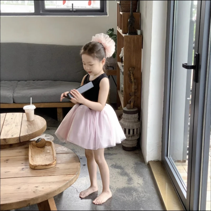 

2026 Summer New Girl Ballet Style Cute Fairy Color Blocked Mesh Bottom Vest Dress