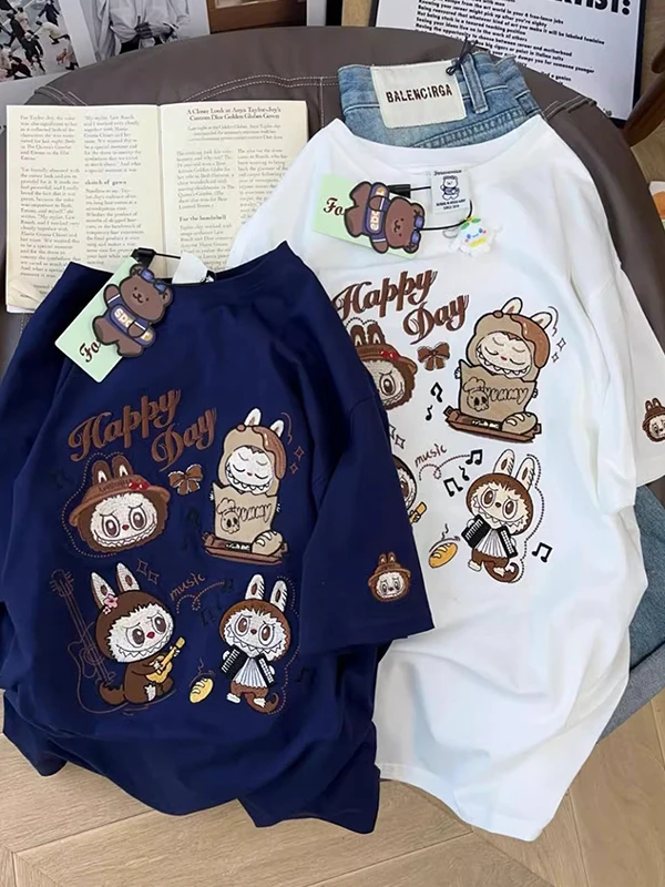 Summer New Cartoon Print Cotton ort Sve T-irt ex Loose Fit Comfortable Breathable Casual Top for Men And Women