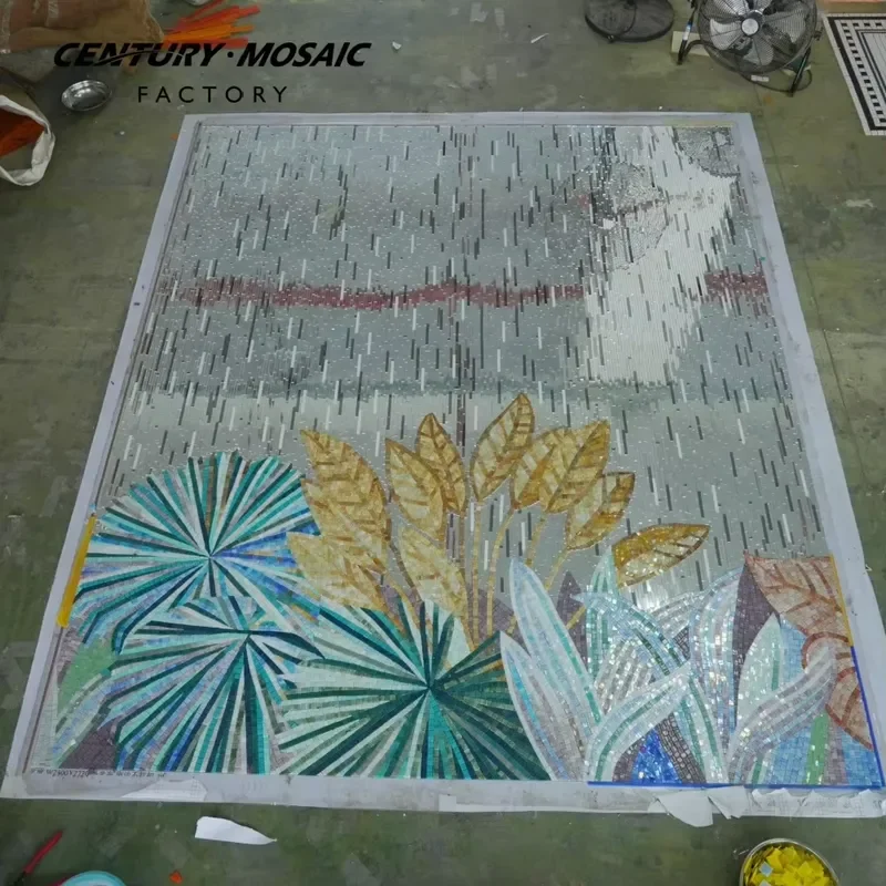 Centurymosaic Modern Handmade Art Tropical Leaf Botanical Glass Mosaic Mural for Home Hotel Villa Interior Wall Decoration