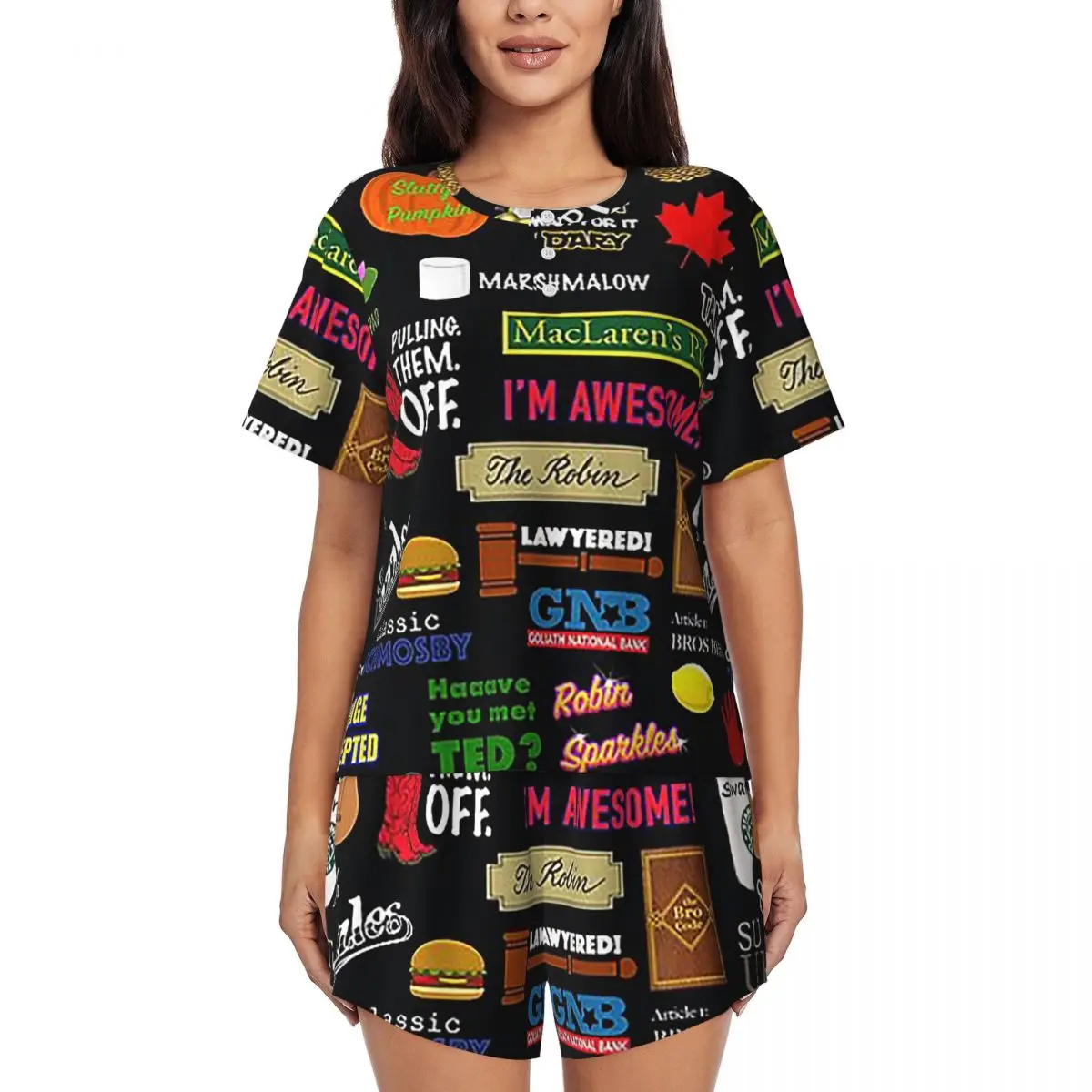 

How I Met Your Mother Himym Tv Show Collag Round Neck Short Sleeve Nightgowns for Sleepshirts Women Soft Pajama Set Short Pants