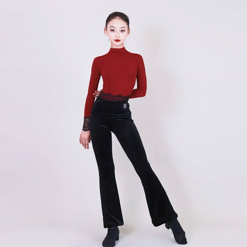 2025 New Latin Dance Practice Costumes For Girls Red Long Sleeved Micro Horn Pants Suit Children Chacha Rumba Latin Wear XH3736