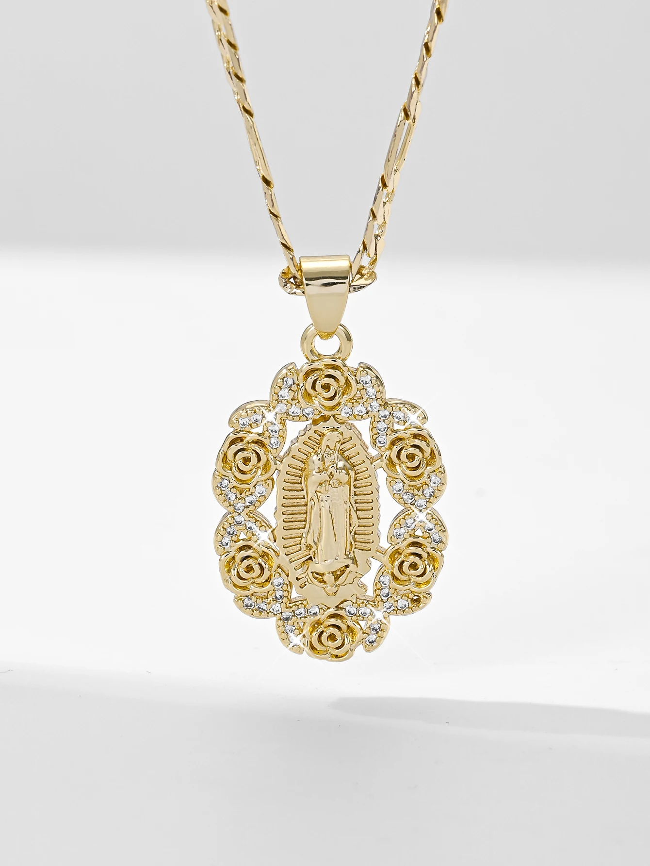 Virgin Mary Rose Necklace Pendant Copper Plated 14K Gold Zircon Inlay Exquisite Details Faith Choice Valentine's Day Gift