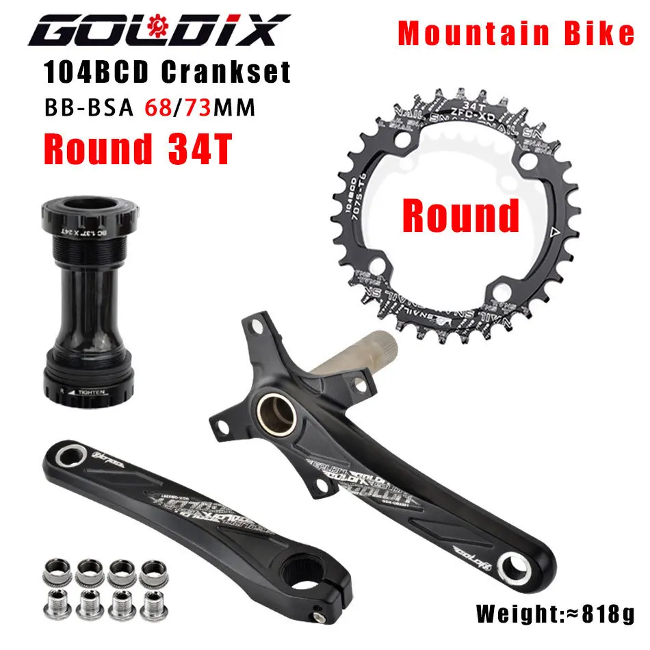 GOLDIX Mountain Bike Hollow Crankset Kit, 104BCD Narrow Wide Chainring 34T + BSA 68/73mm Bottom Bracket, Complete MTB Crank Set