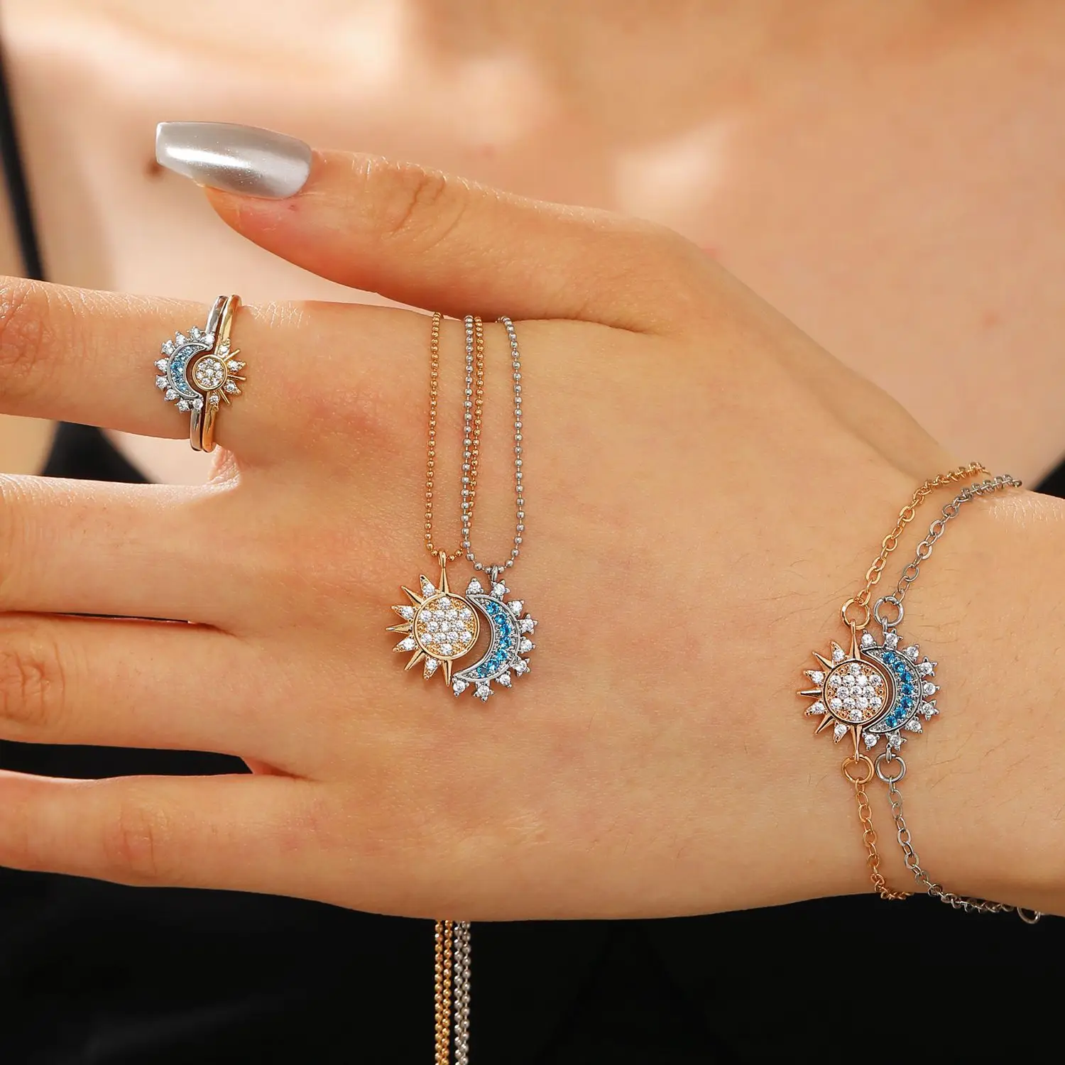 Unique Retro Design Shining Together Diamond-encrusted Sun and Moon Opening Ring 2026 New Jewellery Sets for Women Bracelet US
