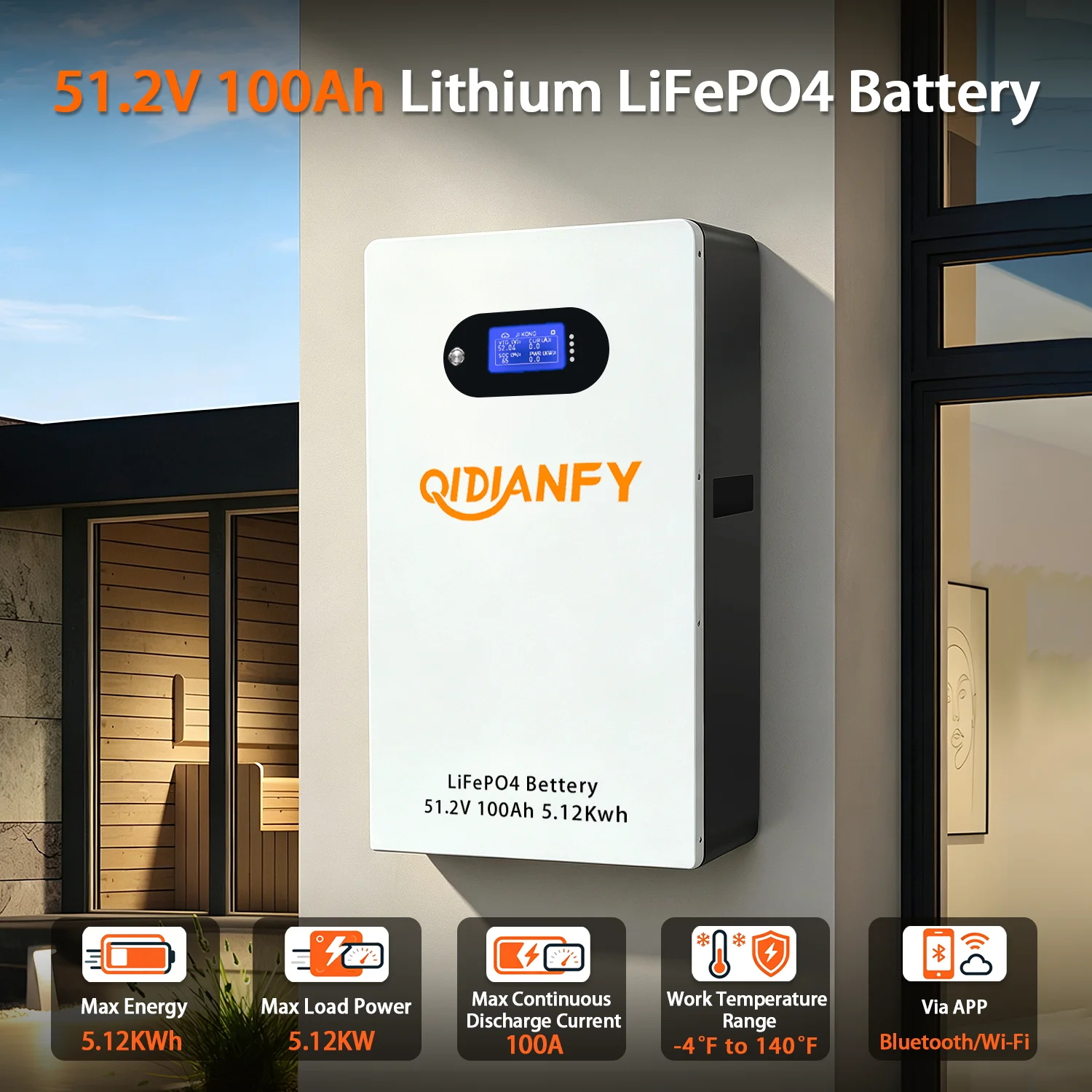 Qidianfy 48V 100Ah LiFePO4 Lithium Battery Wall-mounted 5120Wh Capacity 100A BMS for Solar Off-grid System Home Backup Energy Storage