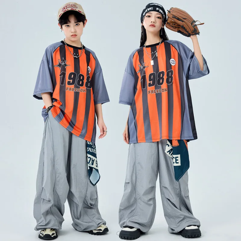 Hip Hop Mädchen Kleidung Kinder Jazz Street Dance Kostüm Beide Seiten Print T Shirt Grau Lose Hosen für Jungen Performance Outfit