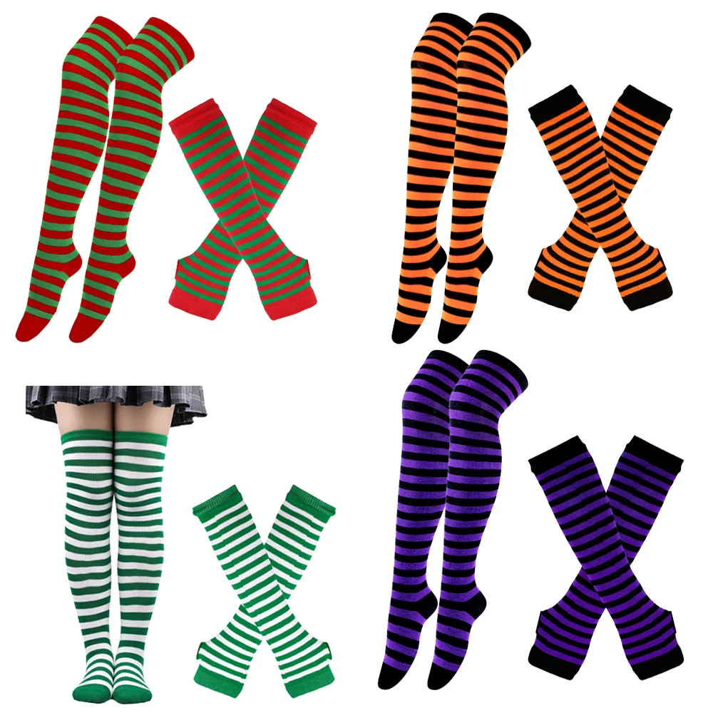 2piece set of girls' knee high stockings and sleeve combination striped knee high socks gloves,Christmas stockings Halloween set