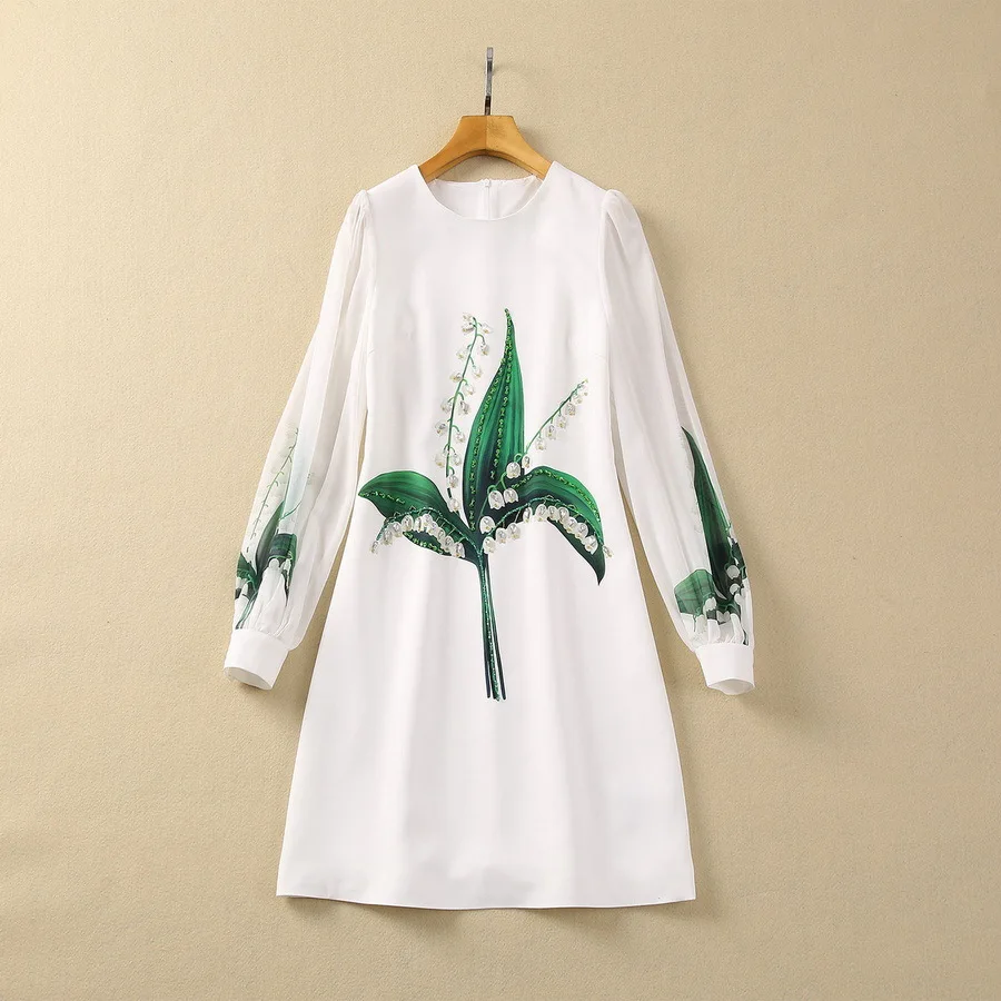 

European and American women's clothes 2024 spring new Long sleeve heavy nail bead round neck green leaf printing Fashion dress