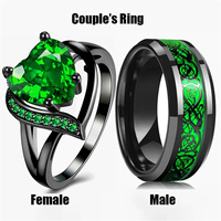 Fashion Couple Rings Romantic Women Heart Green Rhinestones Zircon Ring Men Stainless Steel Celtic Dragon Ring Wedding Jewelry