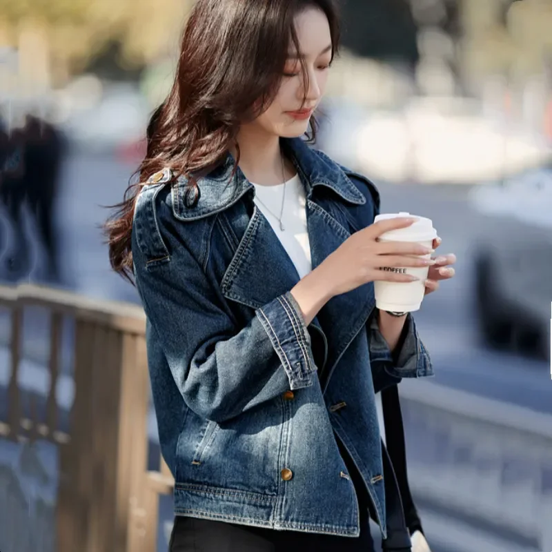 

Новая джинсовая куртка-топ для женщин, весна-осень 2026, в корейском стиле, свободного кроя, повседневная, модная, универсальная, байкерская, укороченная