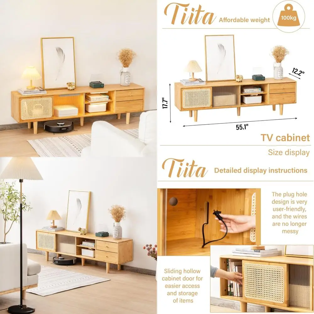 

Bamboo TV Stand for 55-65 Inch TVs: Mid-Sized Boho Style Entertainment Center with 2 Drawers and Adjustable Shelf