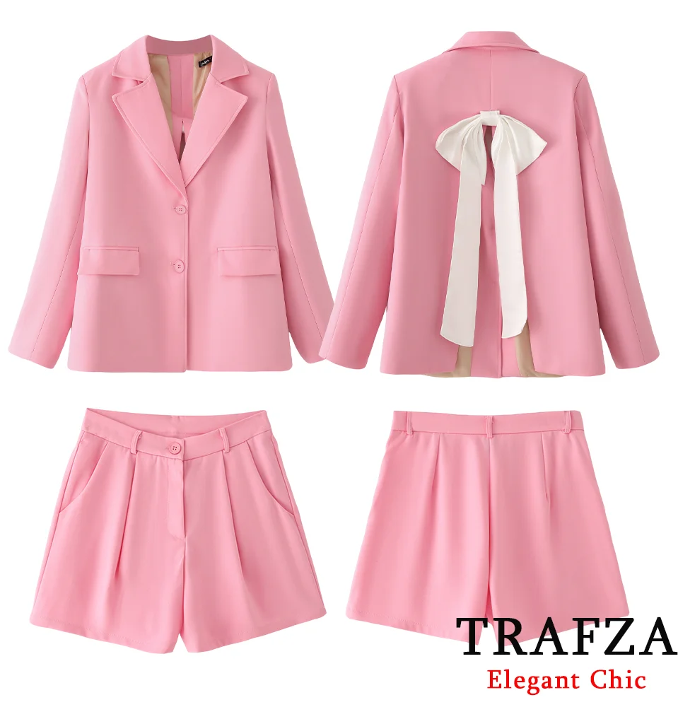 

TRAFZA Women Elegant Chic Shorts Suit Back Split Bow Blazer Or Shorts 2025 Fashion Spring Summer High Street Holidays Shorts Set