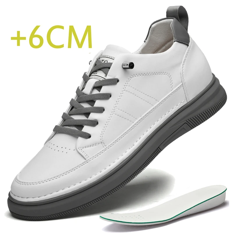 New Elevator Shoes White Outdoor Sports Elevated Shoes Genuine Leather Lace-up Casual Shoes High-quality Inner Height Shoes 6cm