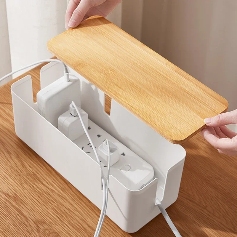 Cable Management Box Bamboo Cover Wire Junction Board Storage Box Hide Wires Power Strips Desk product image