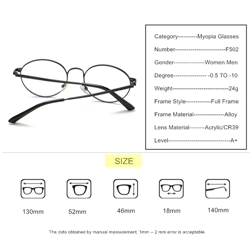 Myopia Glasses Sphere -0.5 TO -10 Women Men Photochromic Or Blue Light Blocking Lenses Alloy Frame Prescription Eyeglasses F502