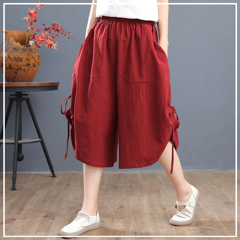 

2024 New Summer Minimalist Loose Plus Oversize Casual High Waist Pocket Solid Color Drawstring Thin Cropped Wide Leg Pants