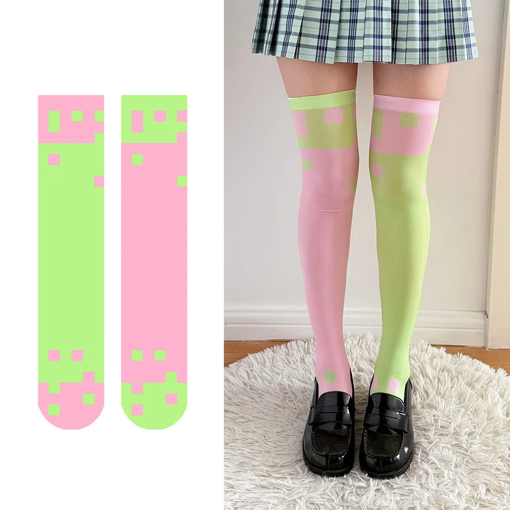 

sweet pink green color matching ladies Kawaii stockings Harajuku fashion cute girl calf socks Anime style cosplay thigh socks