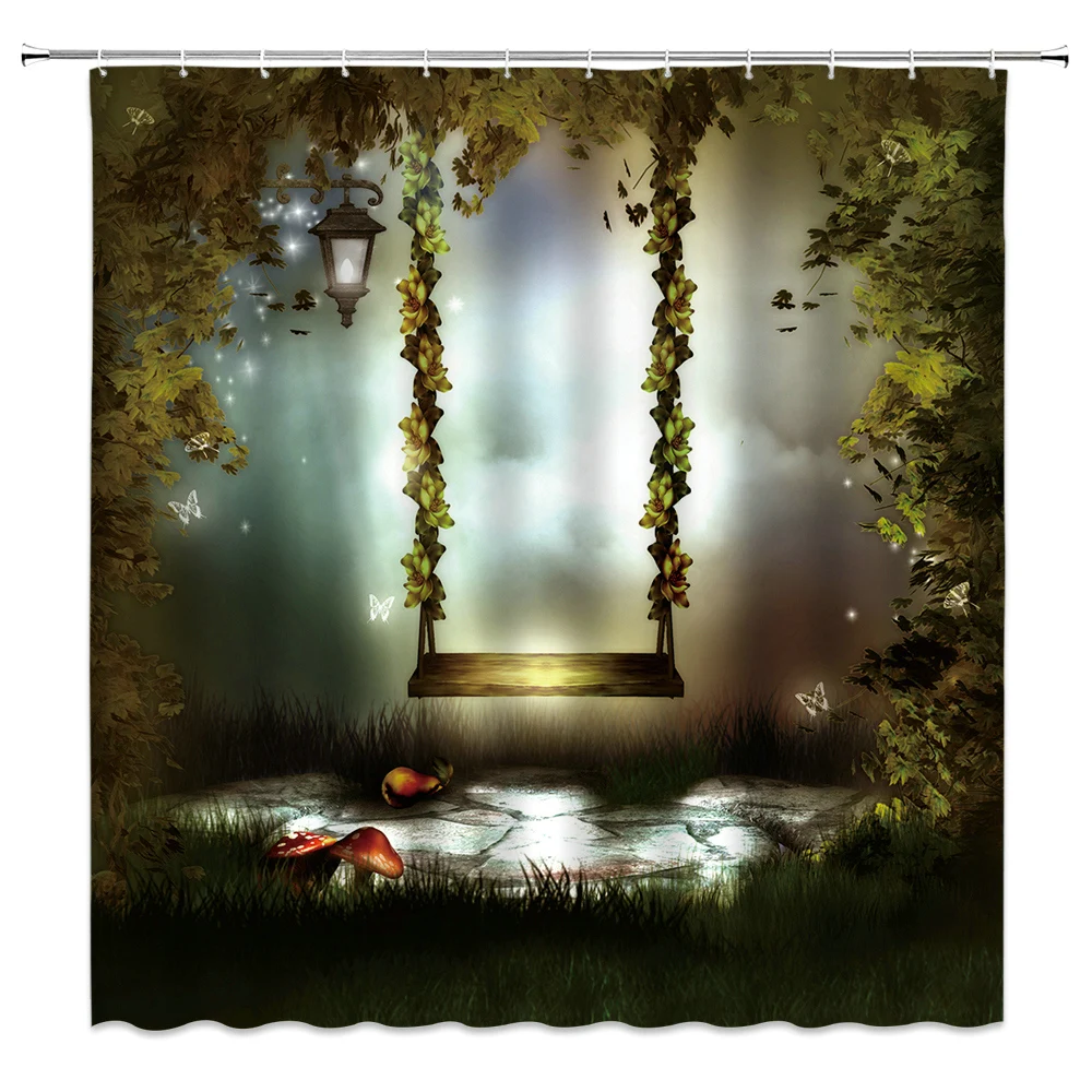 

D Cartoon Fantasy Forest Shower Curtain Magic Tree Swings Moon Green Plant Flower Scenery Bath Curtains Bathroom Decor Screens