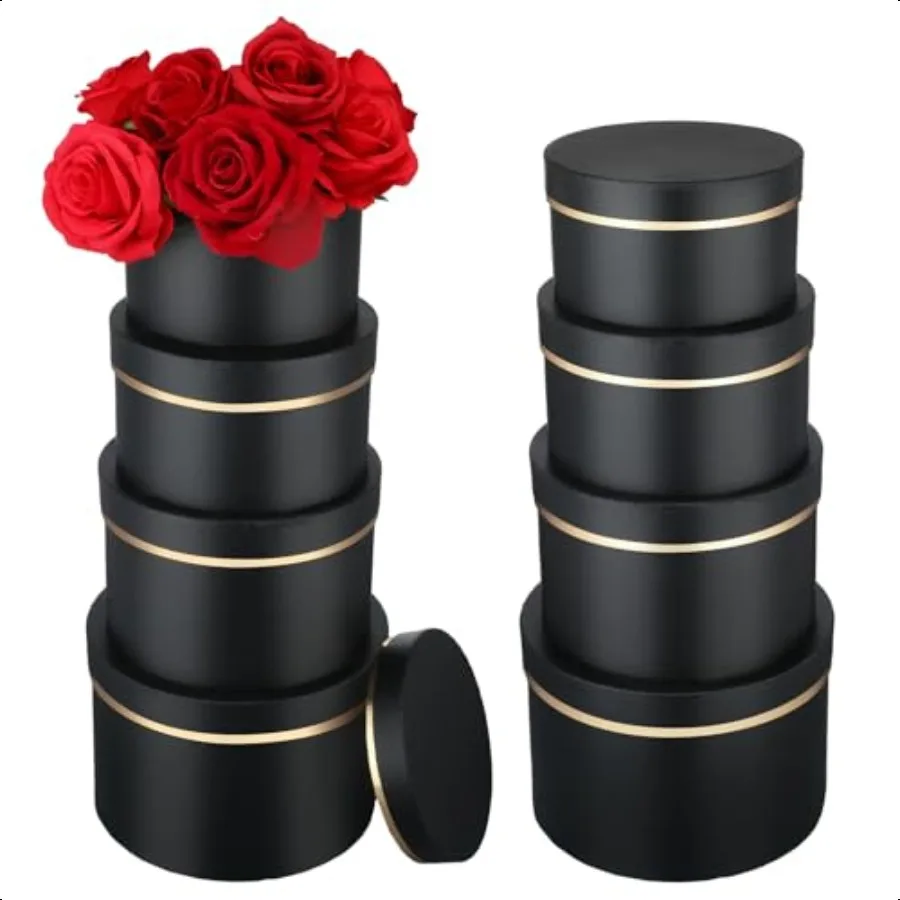 8 Pack Christmas Round Nesting Gift Black Boxes with Lids for Presents Assorted Sizes Gift Wrap Boxes for Christmas Arrangement