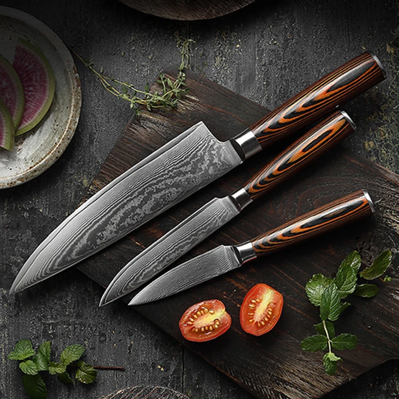 

Damascus Colored Wooden Handle Knives Set Laser Pattern Chef Knife Meat Cleaver Vegetable Slicing Knife Fruit Peeling Knife