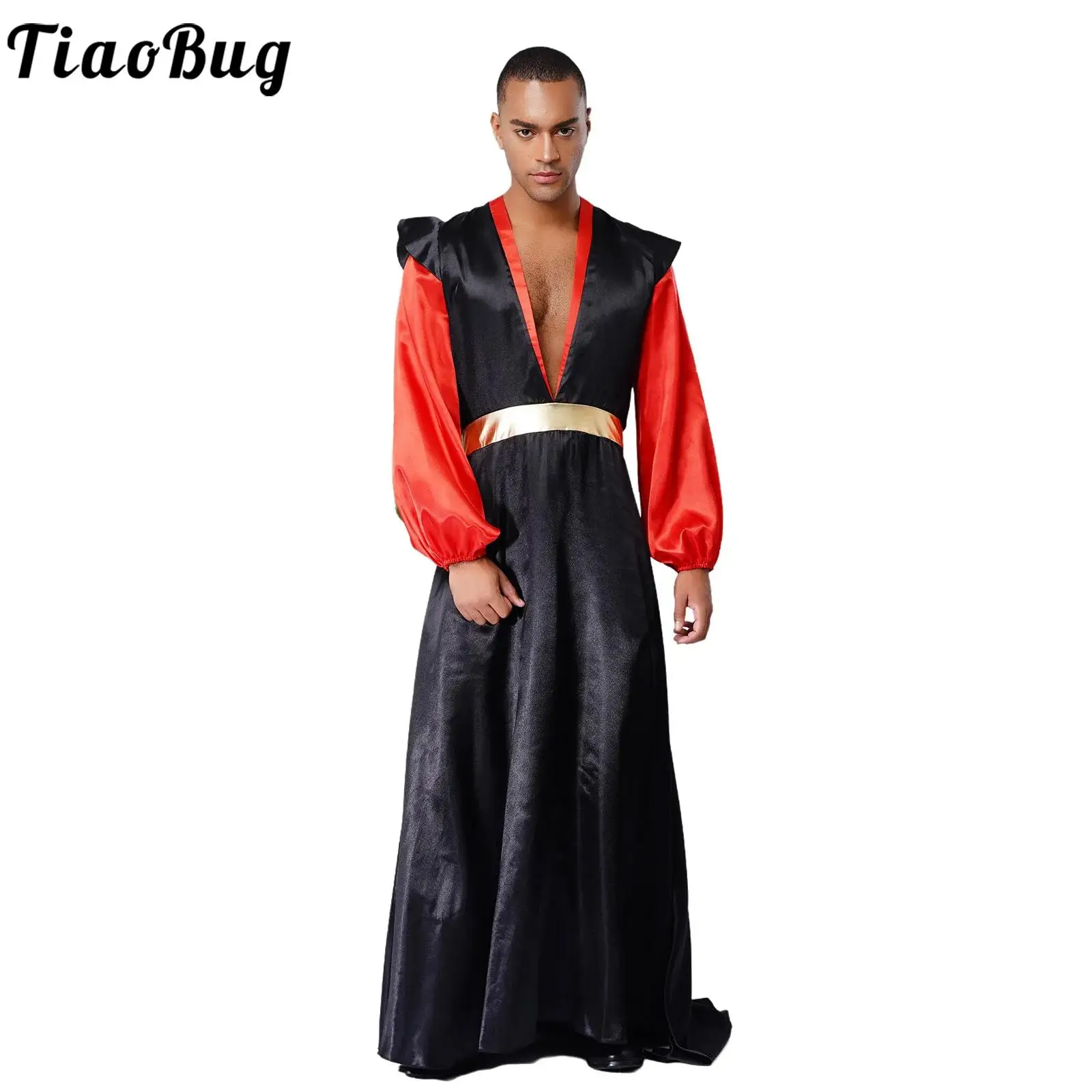 

Men Arabian Villain Jafar Cosplay Costume Long Sleeves Zipper Satin Long Robe with Removable Cape for Halloween Theme Parties